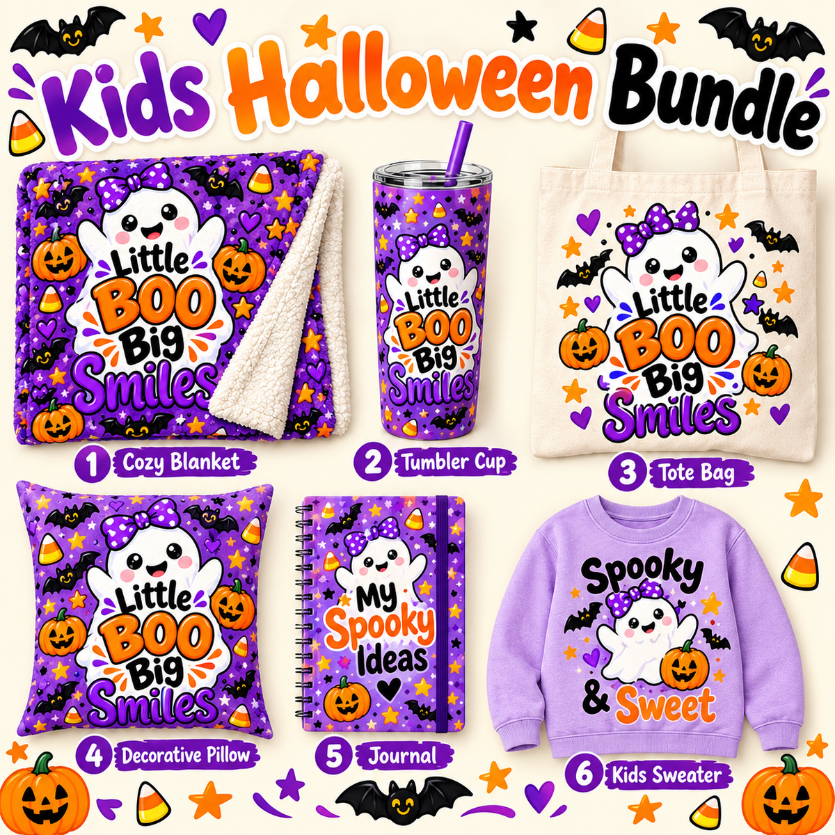 Kids Halloween bundle featuring a cozy blanket, tumbler cup, tote bag, decorative pillow, journal, and kids sweater, all printed with a cute ghost and pumpkin design in purple, orange, white, and black.